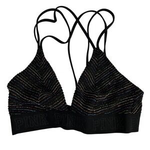 PINK Victoria's Secret Bralette Small Black Rainbow Metallic Stripe Strappy Back